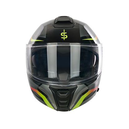 front facing black and yellow full face motorbike helmet with clear visor