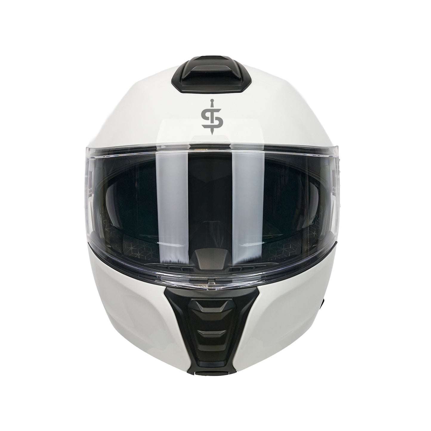 front facing white glossy motorbike helmet with black spada logo