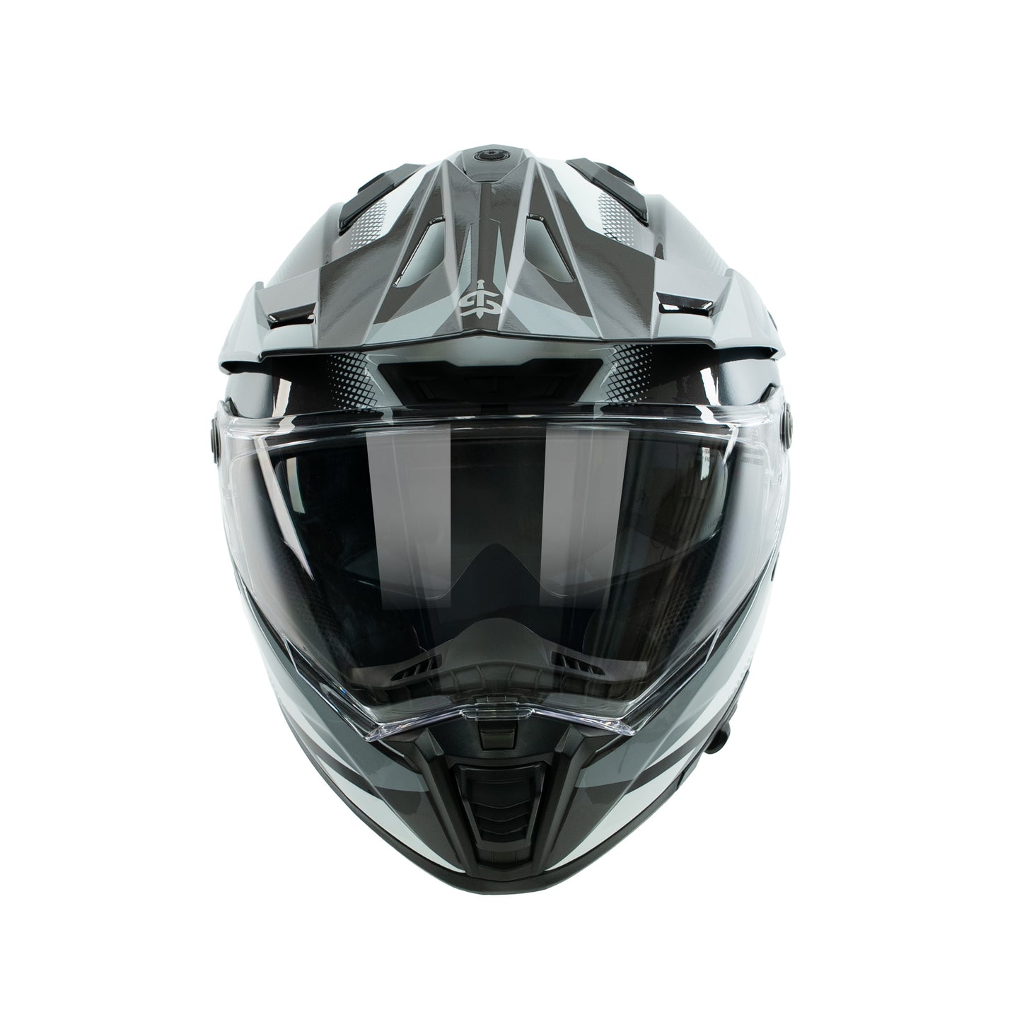 front facing off road motorbike helmet with clear visor and peak with spada branding