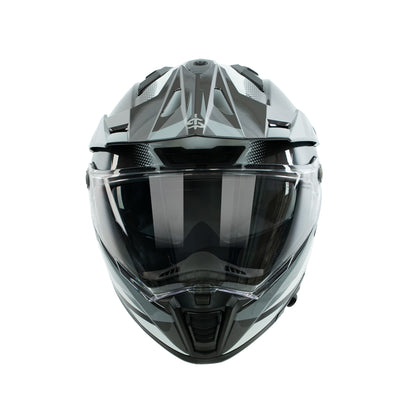 front facing off road motorbike helmet with clear visor and peak with spada branding