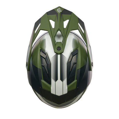 top of black white and green helmet with peak and black vents