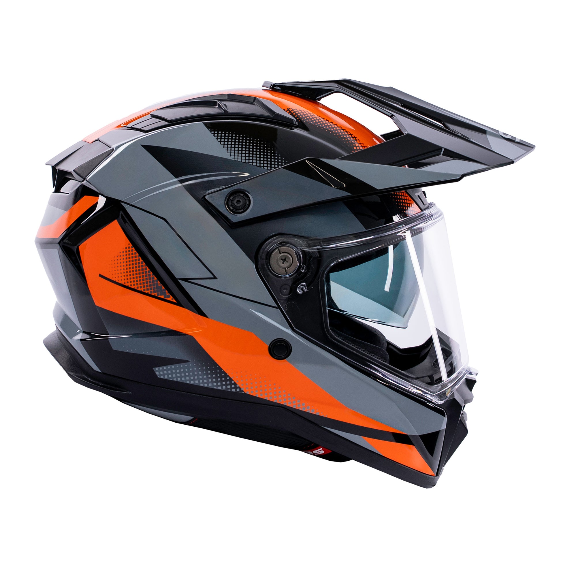 Orange and black helmet with clear visor on a white background