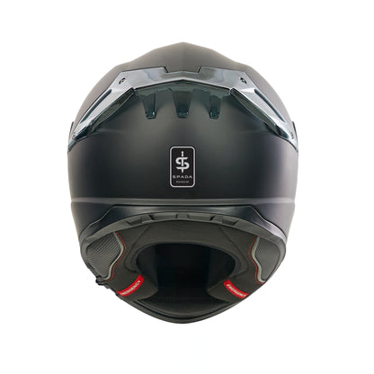 back of black full face helmet with spada logo on the back