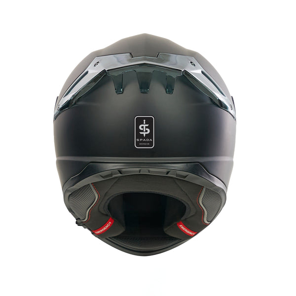 back of black full face helmet with spada logo on the back