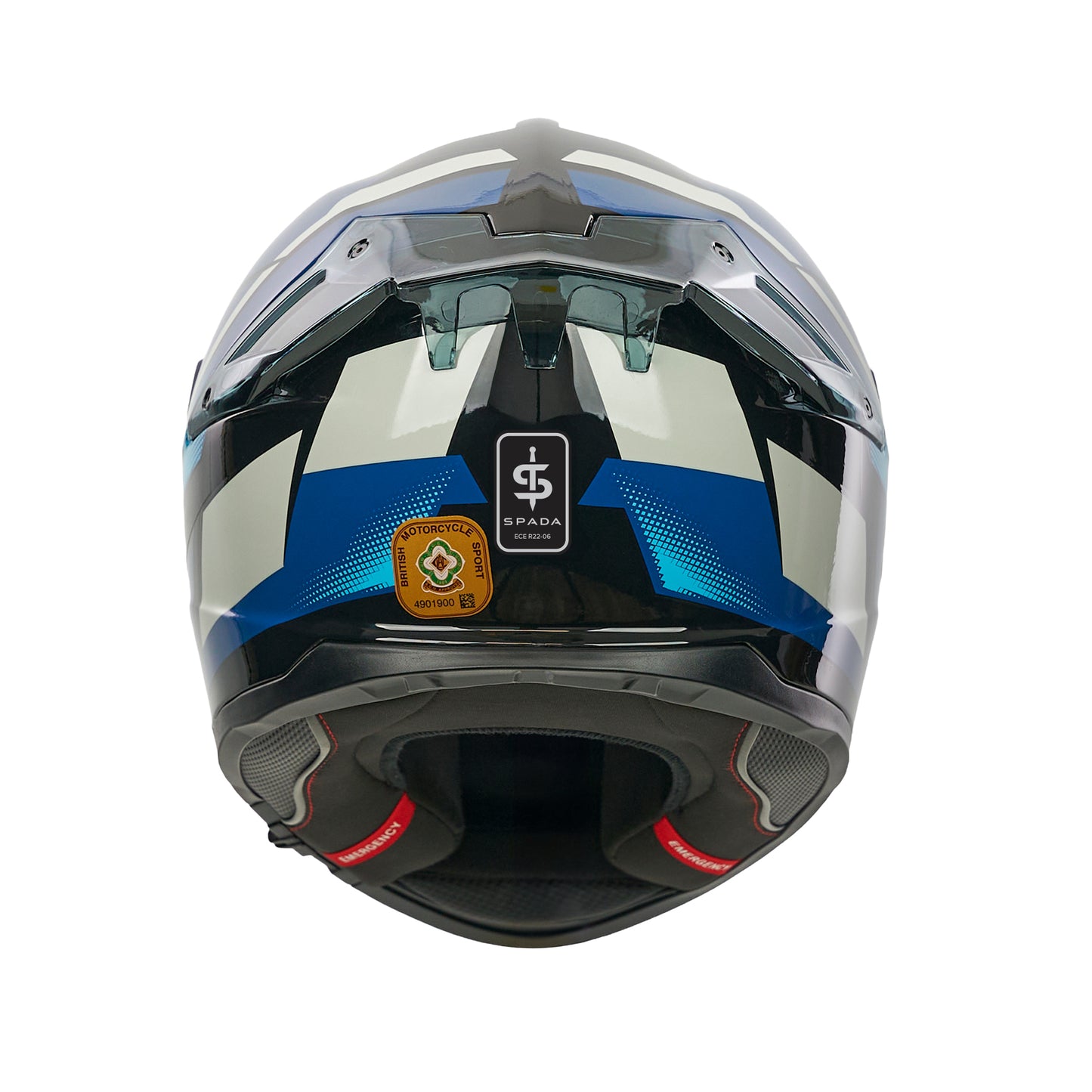 back of black and blue motorbike helmet with spada logo and acu gold sticker