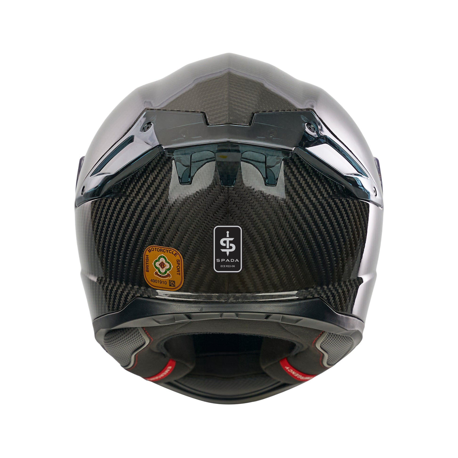 Carbon fiber motorcycle helmet with spada logo and acu gold sticker on the back