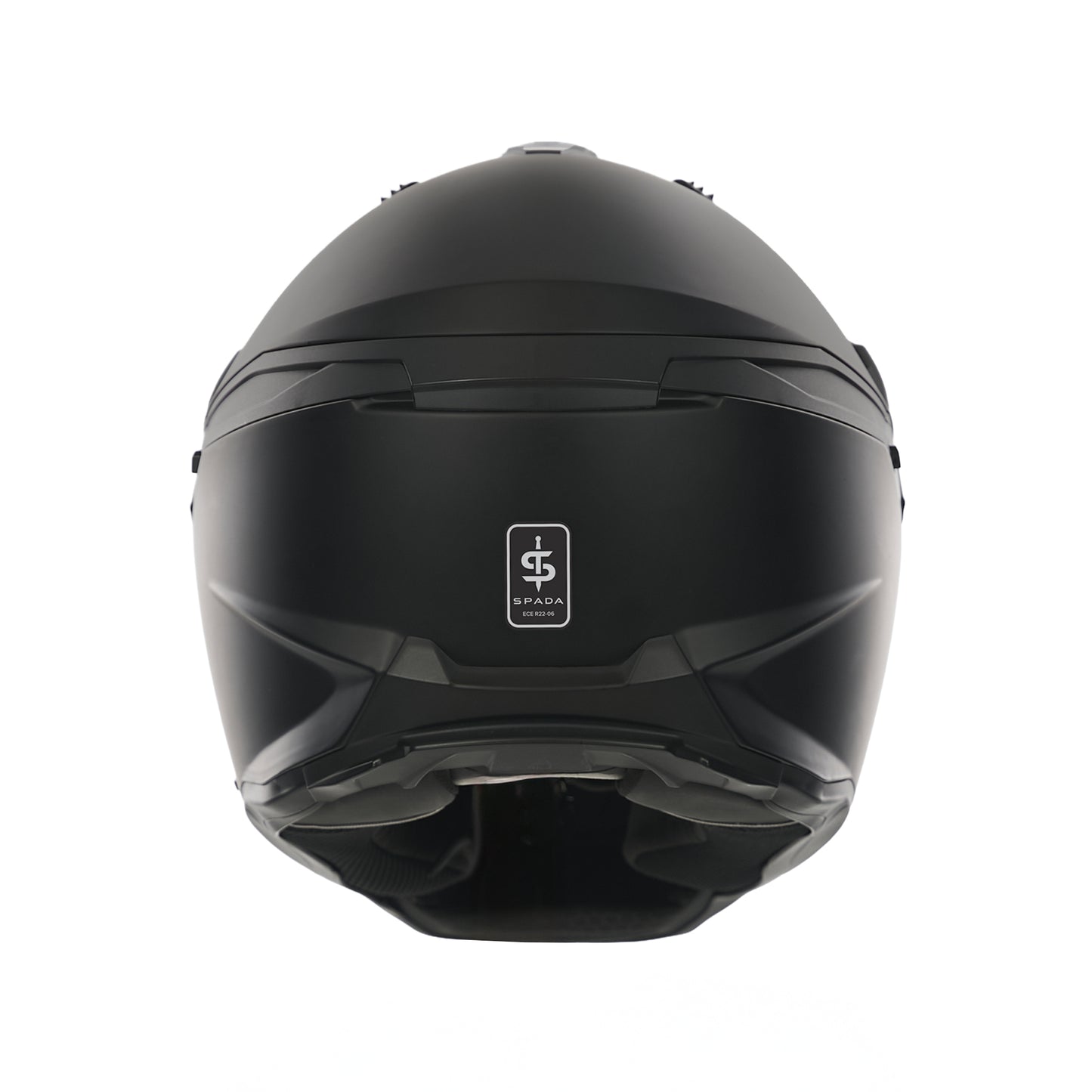 back of matt black motorcycle helmet with spada logo on the back