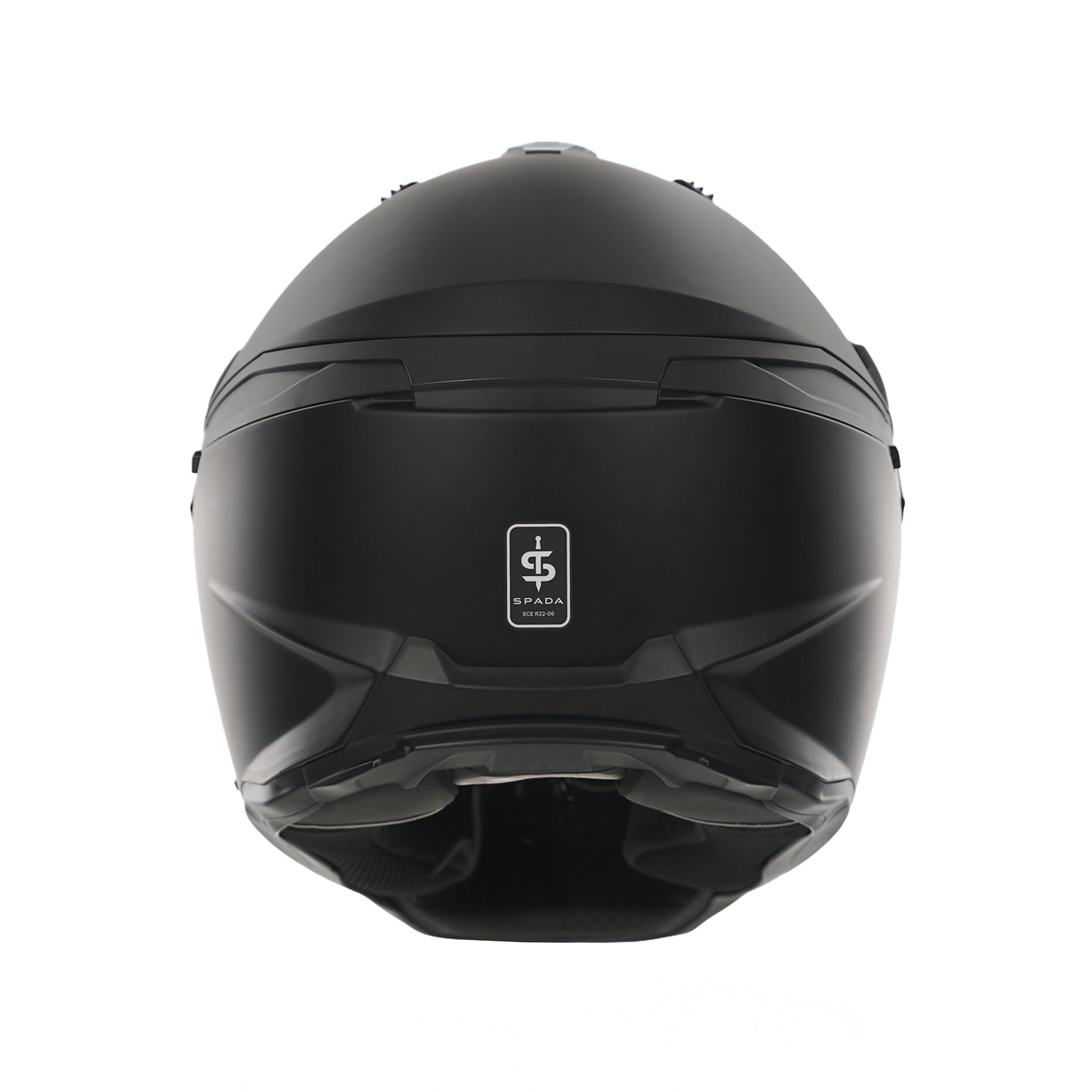 back of matt black motorcycle helmet with spada logo on the back