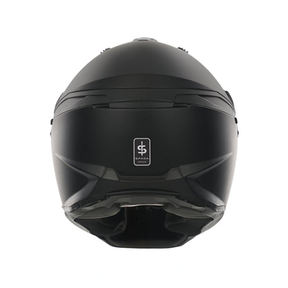back of matt black motorcycle helmet with spada logo on the back