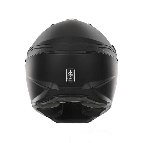 back of matt black motorcycle helmet with spada logo on the back