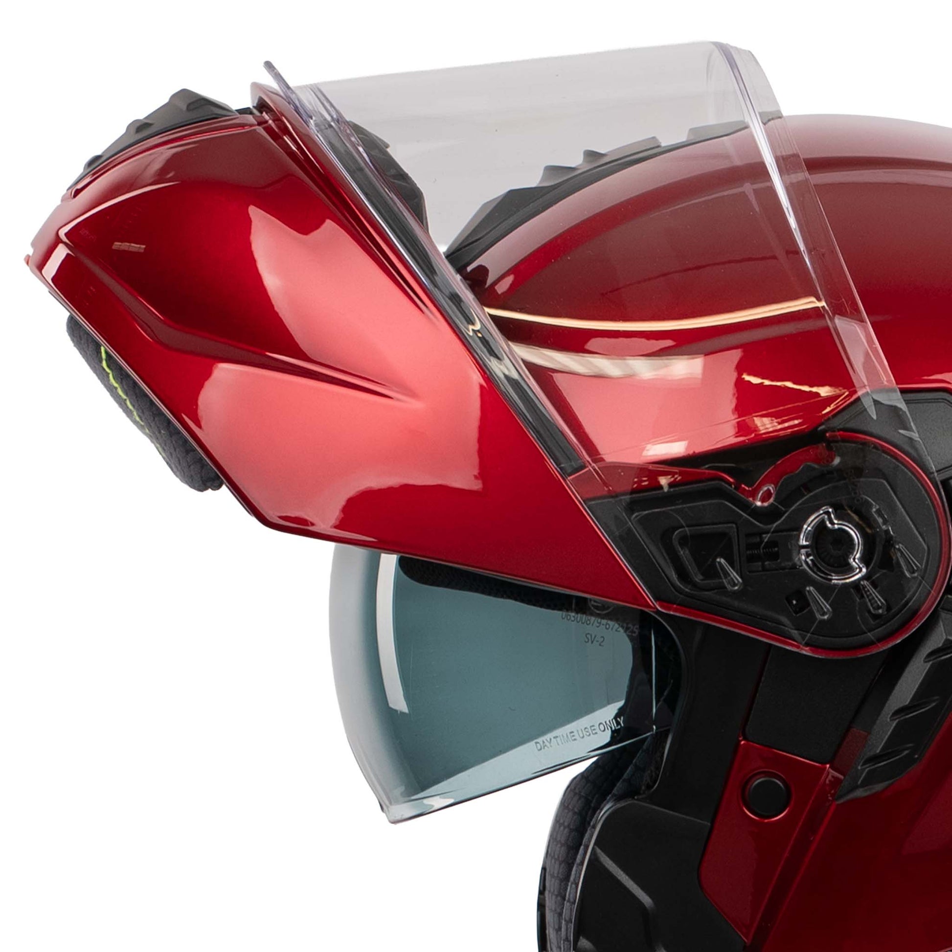 flipped up motorbike red helmet with visor