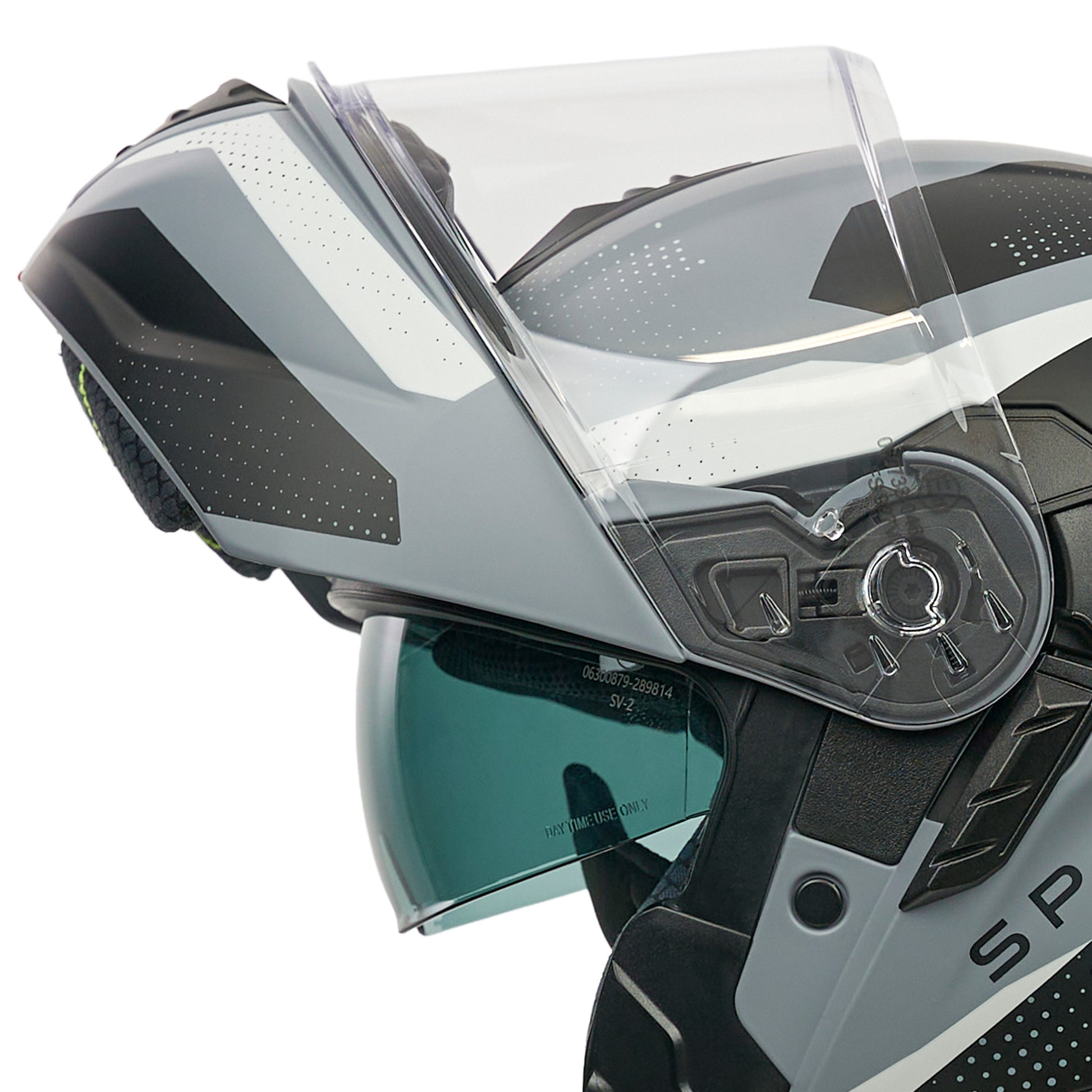 close-up flipped up black and grey motorbike helmet