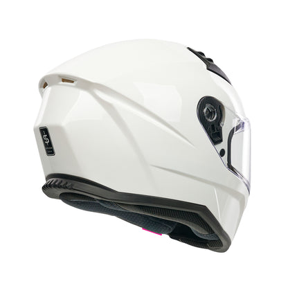 White motorcycle helmet with clear visor on a white background