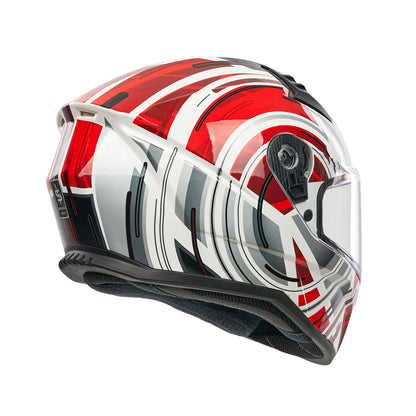 Motorcycle helmet with red and white design on a white background