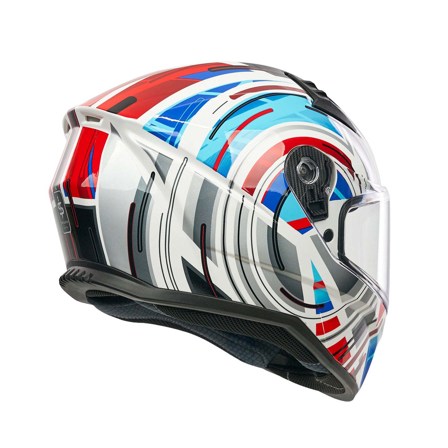 Colorful motorcycle helmet with a white background