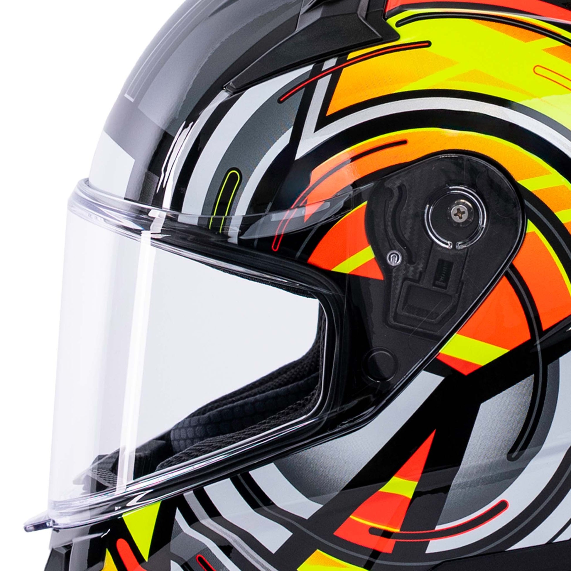 Colorful motorcycle helmet with a clear visor on a white background