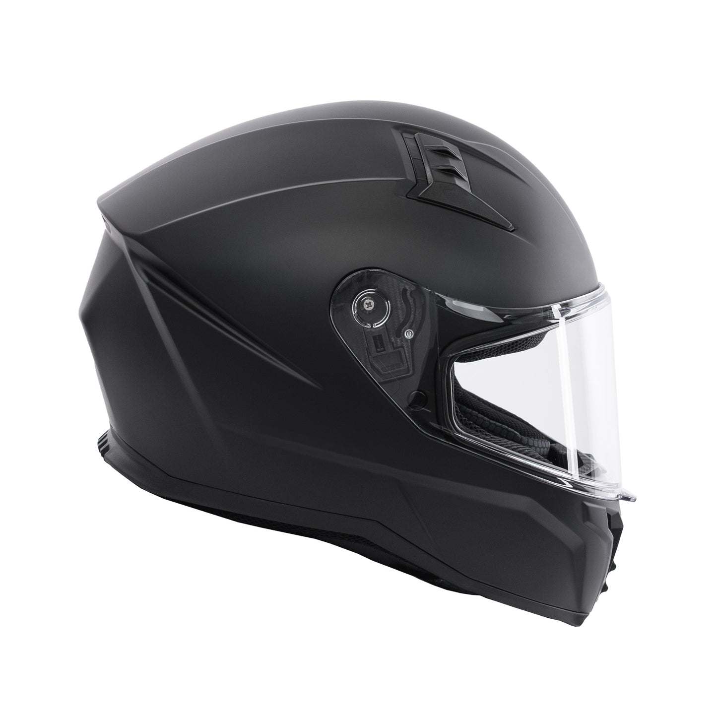 side of matt black motorcycle helmet with clear visor