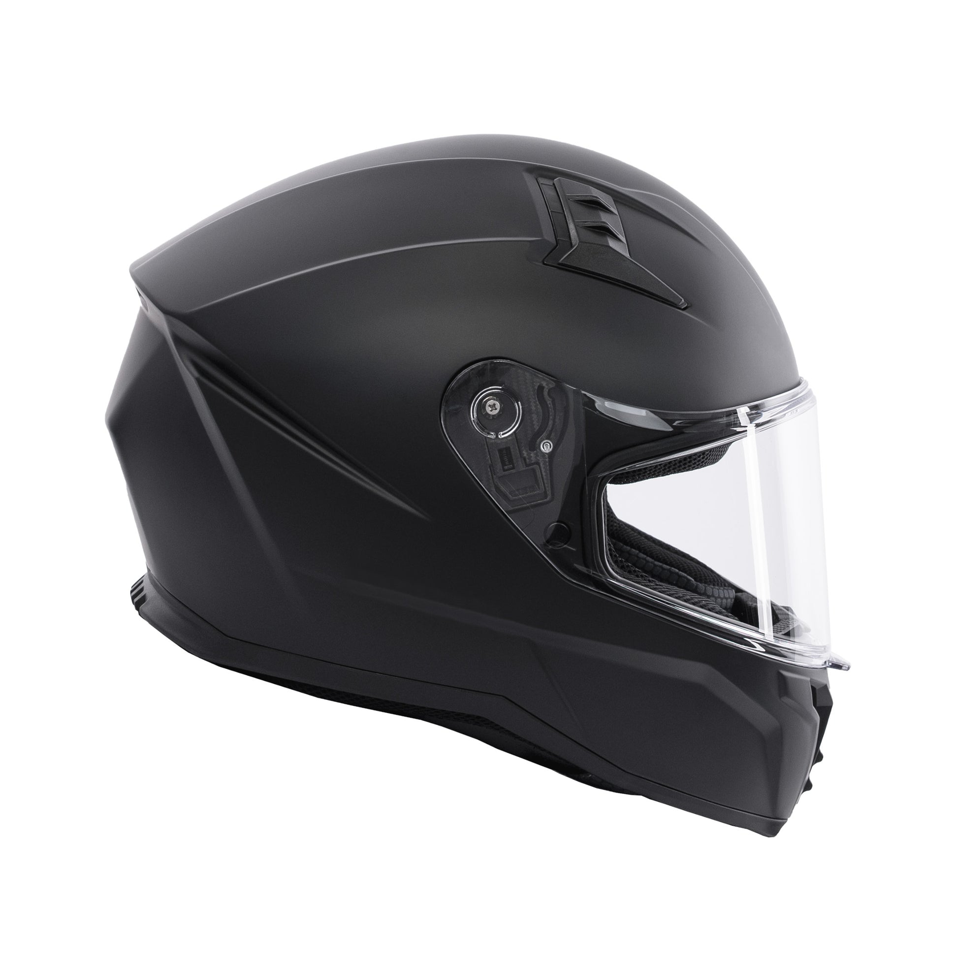 side of matt black motorcycle helmet with clear visor