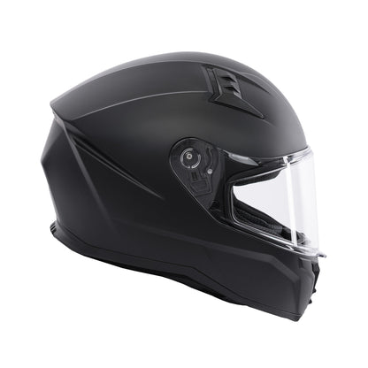 side of matt black motorcycle helmet with clear visor