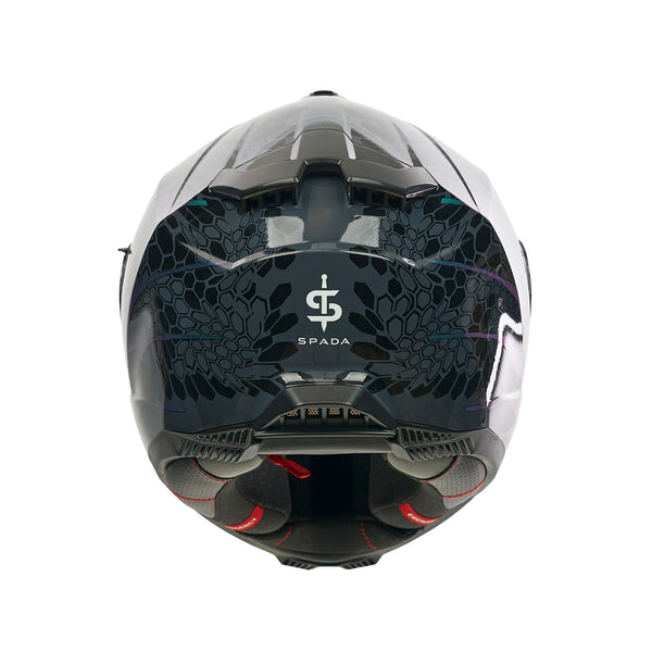 back of dark green and black motorbike helmet with white spada logo