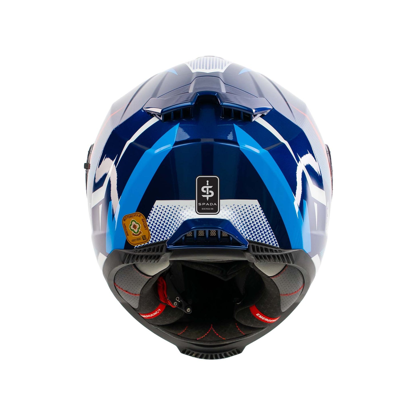 back of blue and navy motorbike helmet with spada logo and acu gold sticker on the back