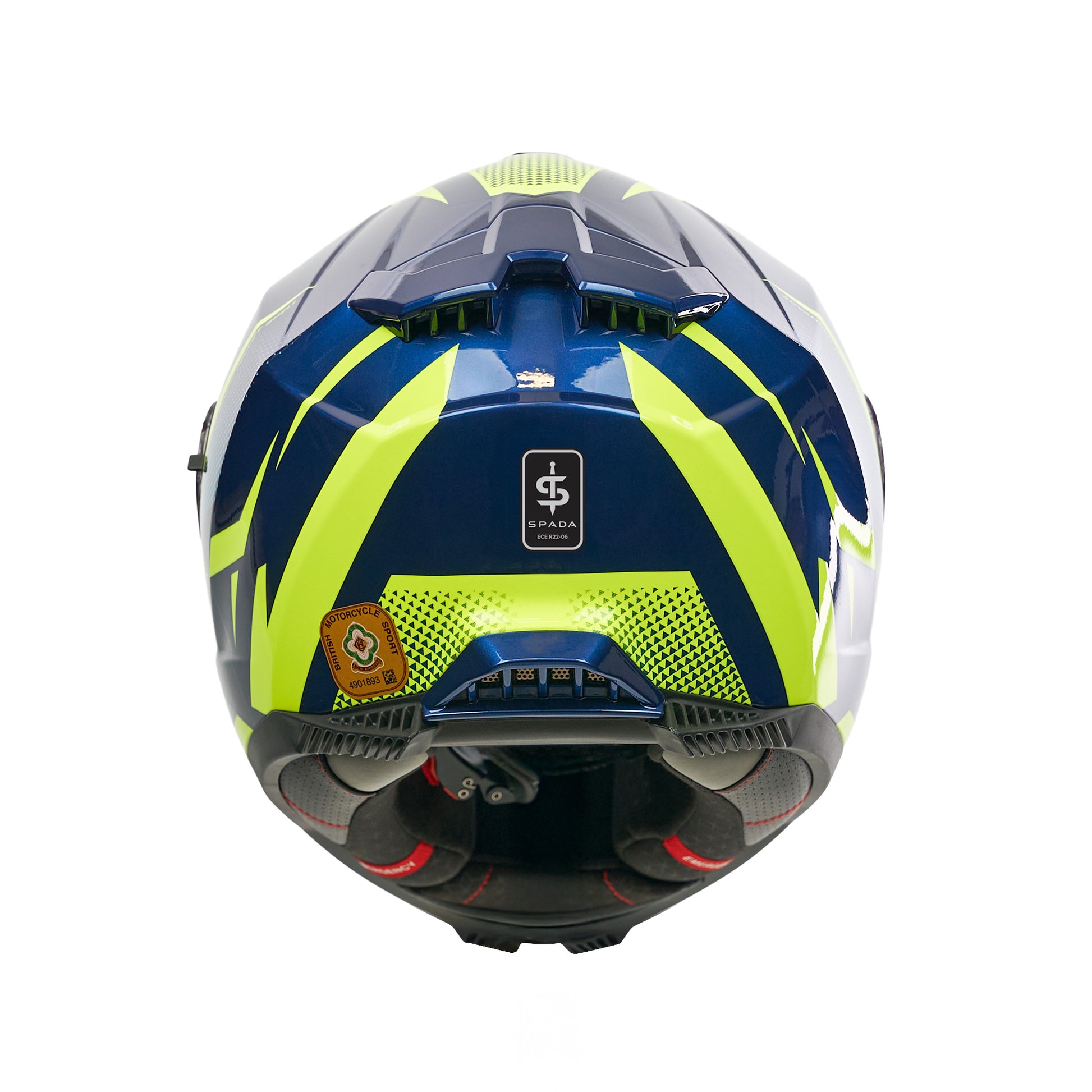 back of yellow and blue motorcycle helmet with spada logo and acu gold sticker on the back