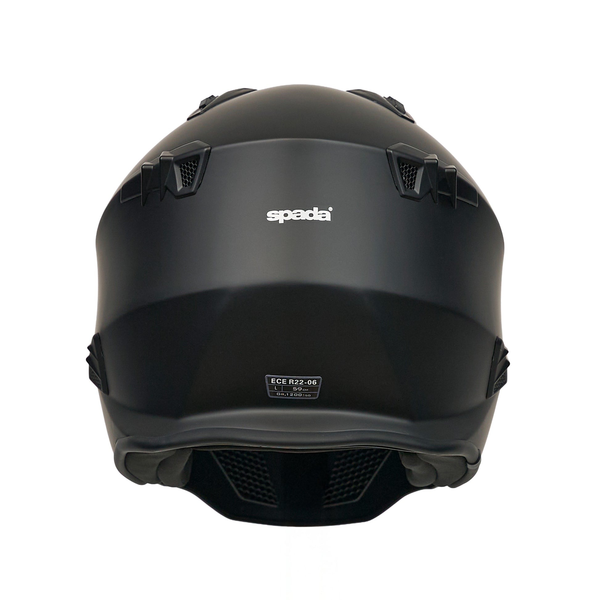 back of black motorcycle helemt with spada logo on the back