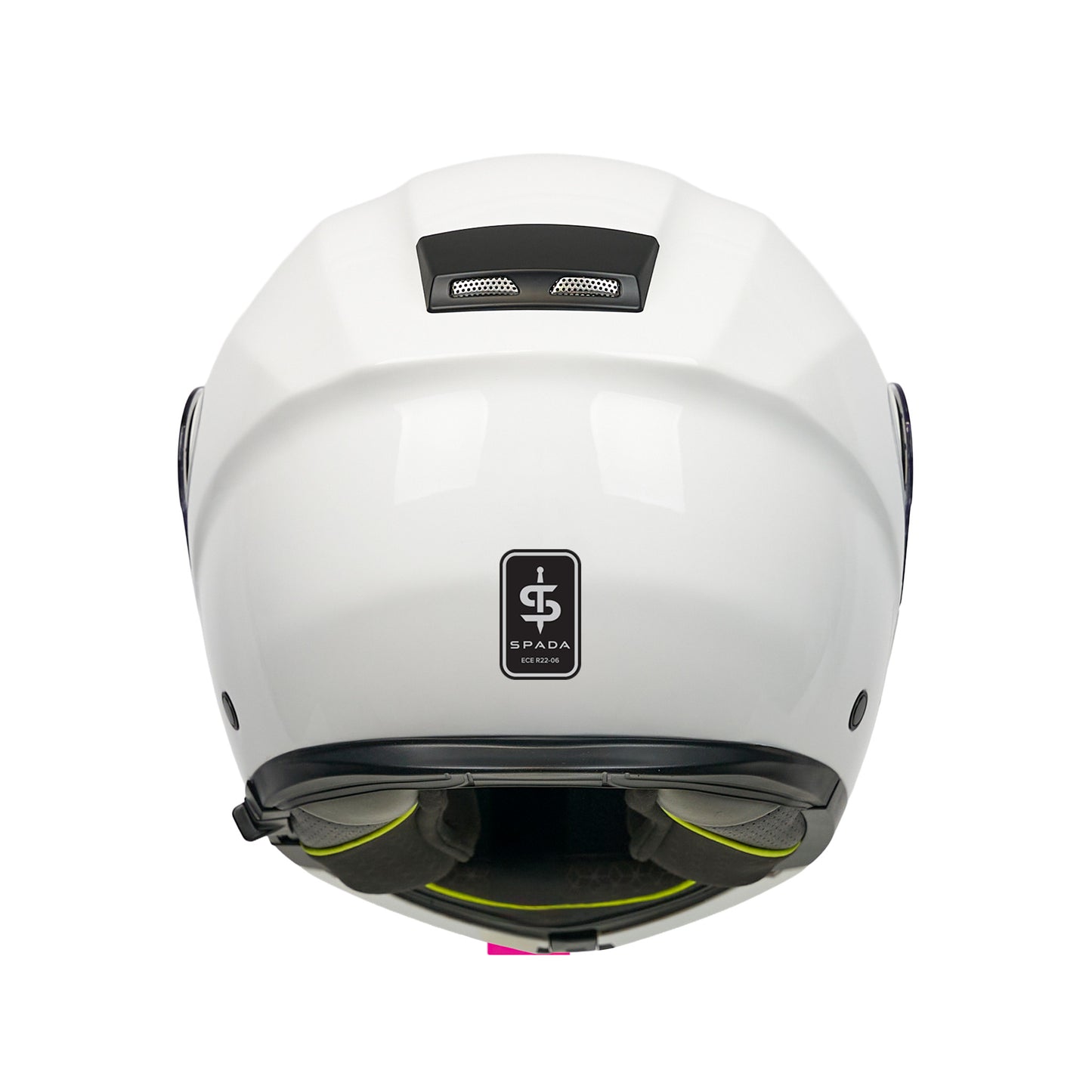 back of white motorbike helmet with black spada logo on the back
