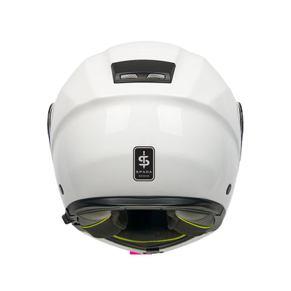 back of white motorbike helmet with black spada logo on the back