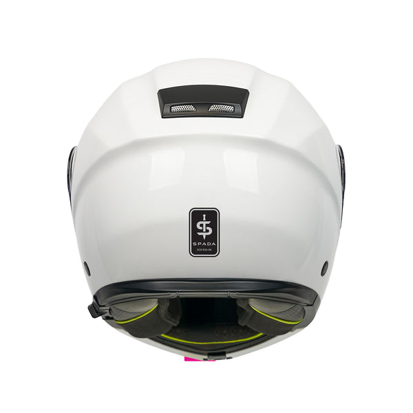 back of white motorbike helmet with black spada logo on the back