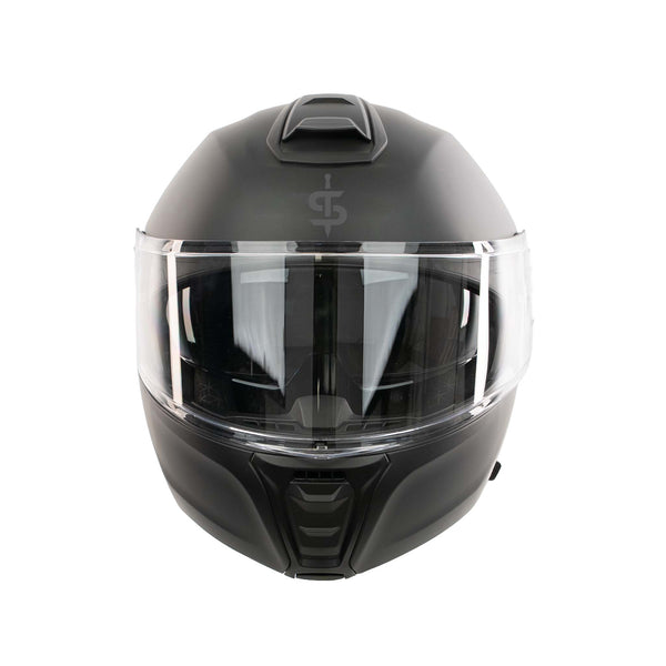 front facing matt black motorbike spada helmet