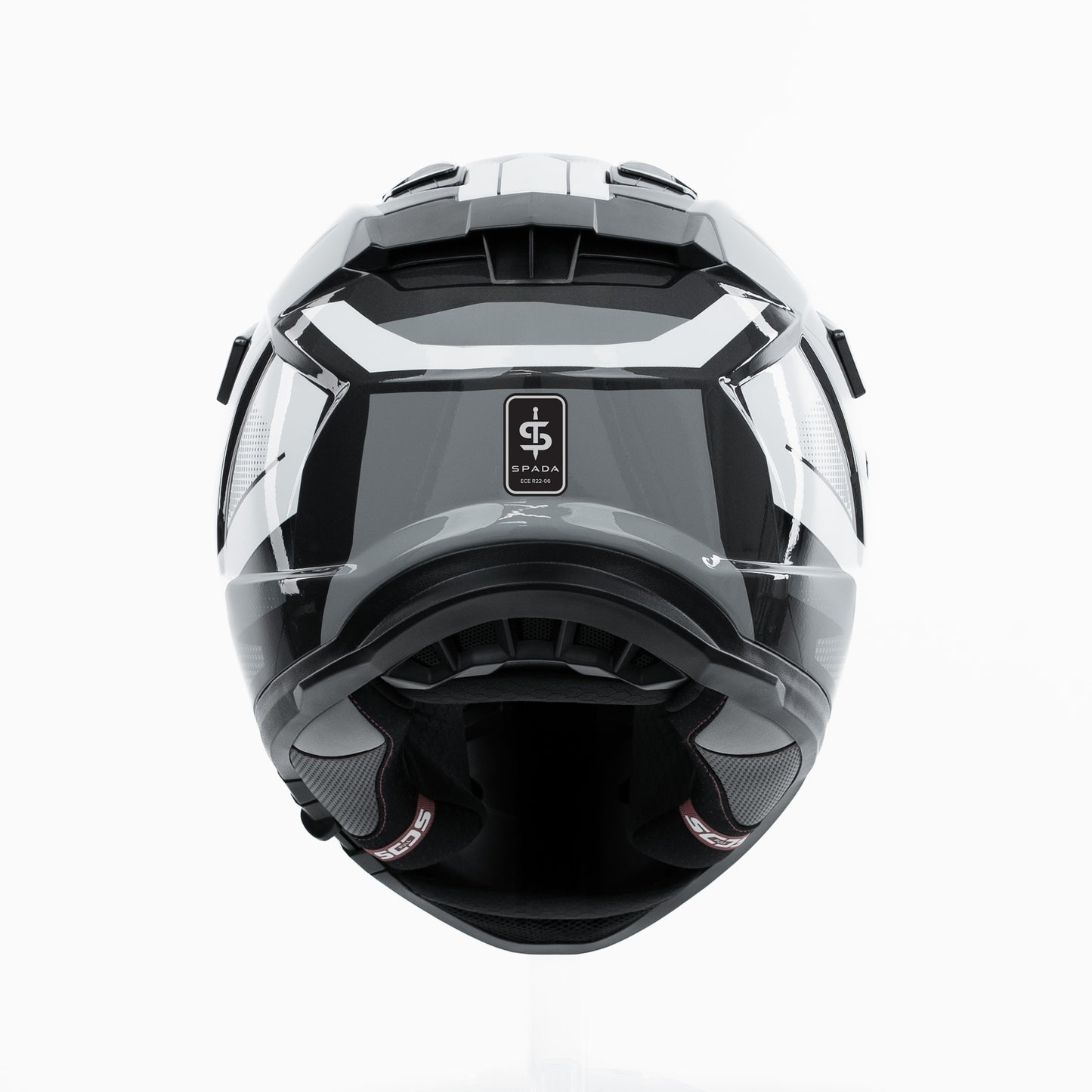 back of black and grey helmet iwth spada logo on the back