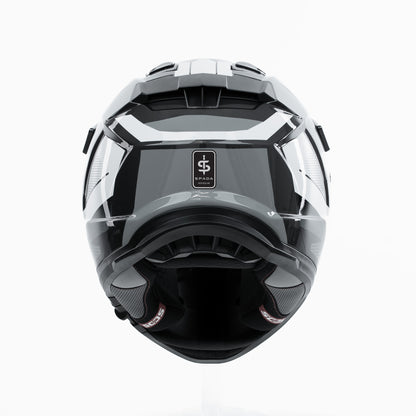 back of black and grey helmet iwth spada logo on the back