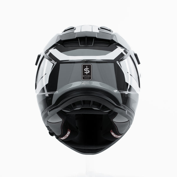 back of black and grey helmet iwth spada logo on the back