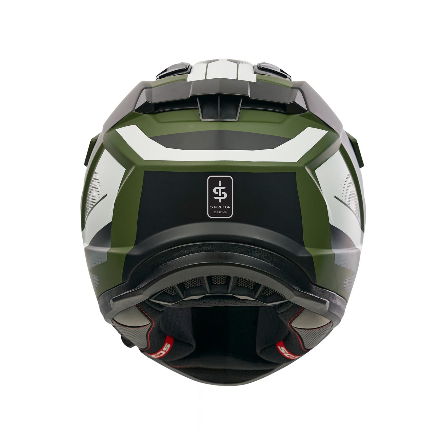 back of black and green helmet with spada logo