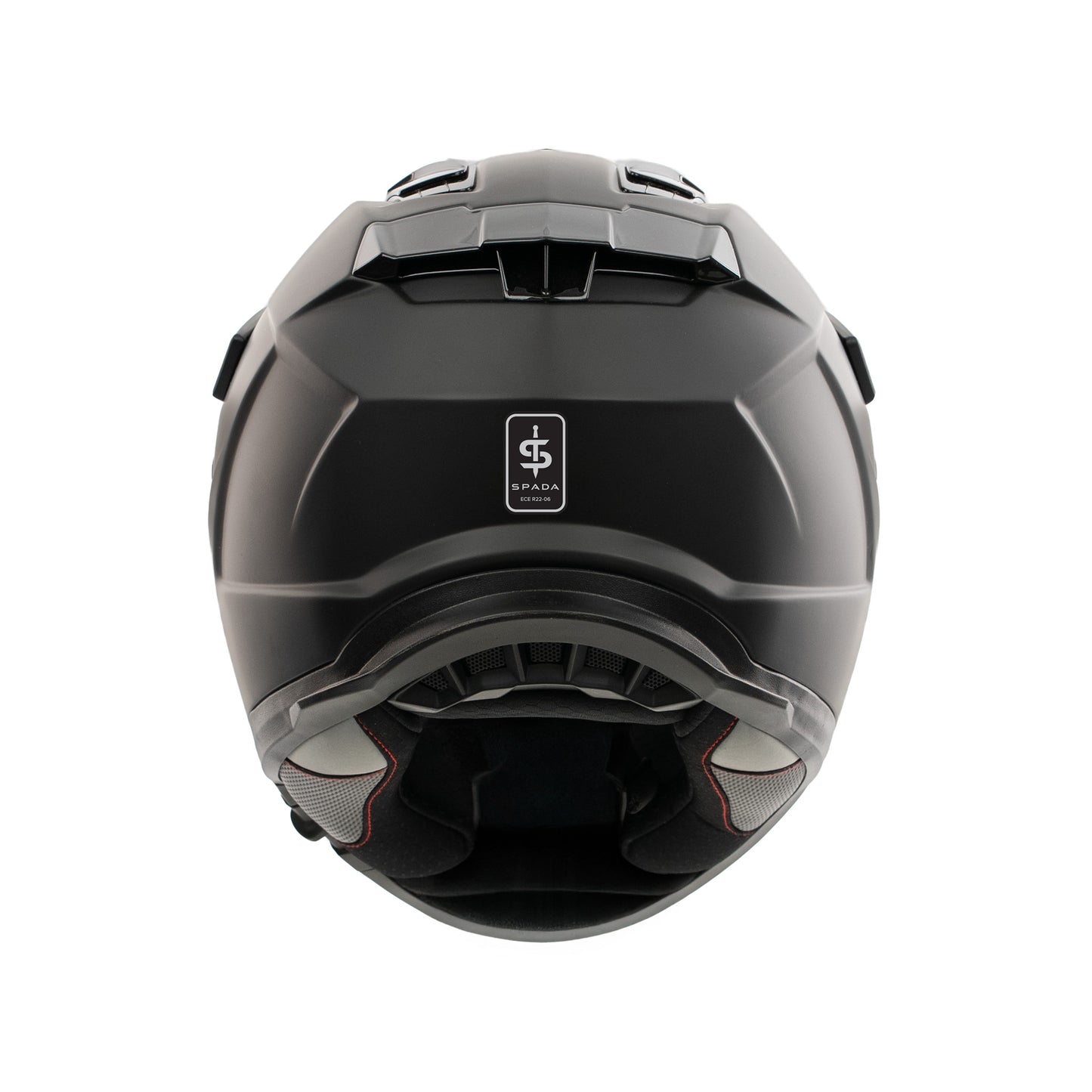 back of matt black helmet with spada logo on the back