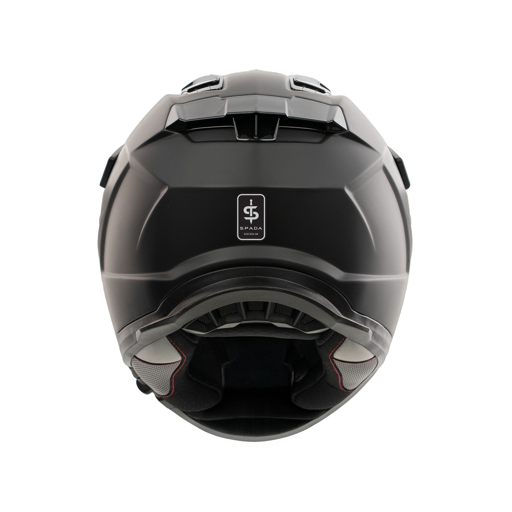 back of matt black helmet with spada logo on the back