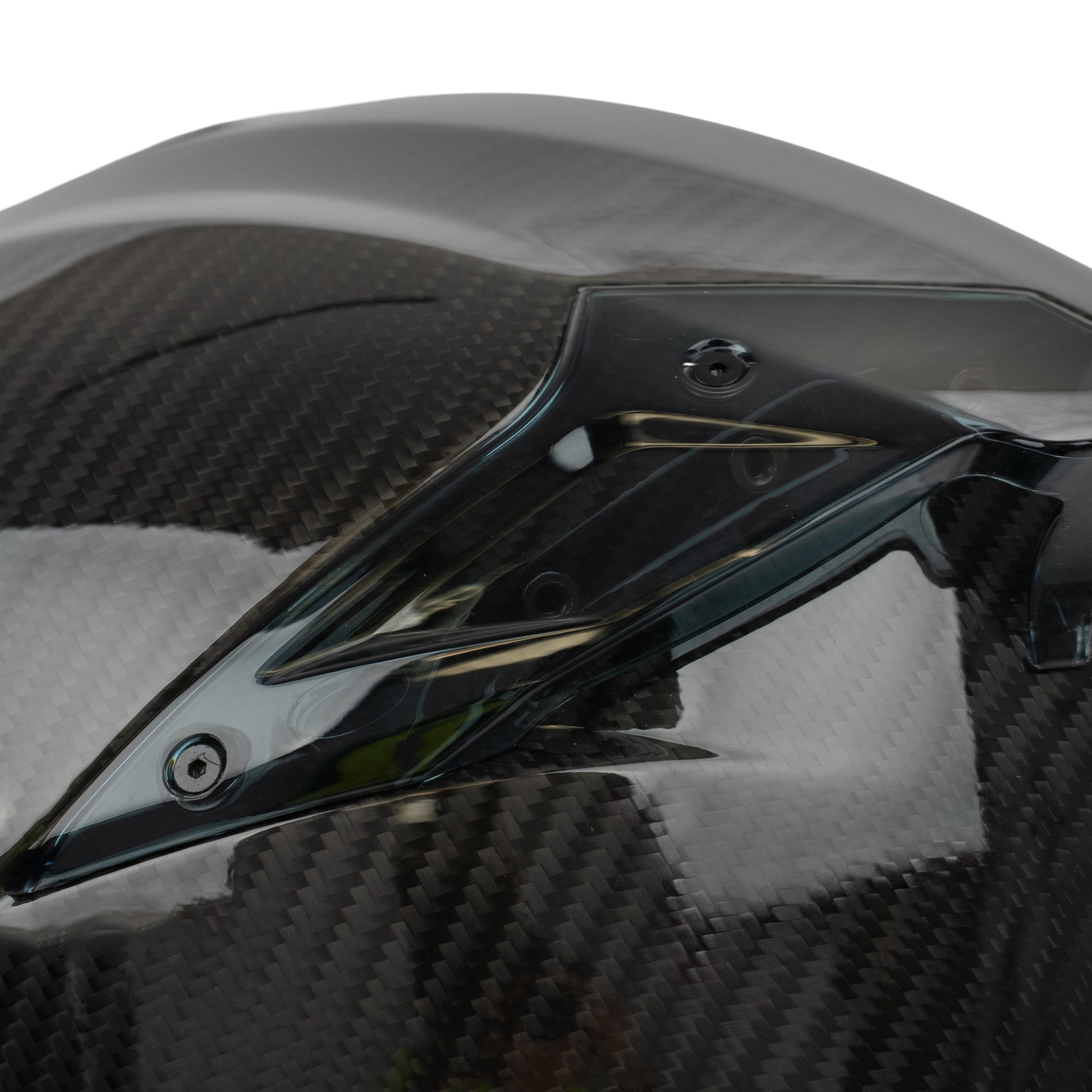 Carbon fiber motorcycle windshield with a glossy finish on a white background