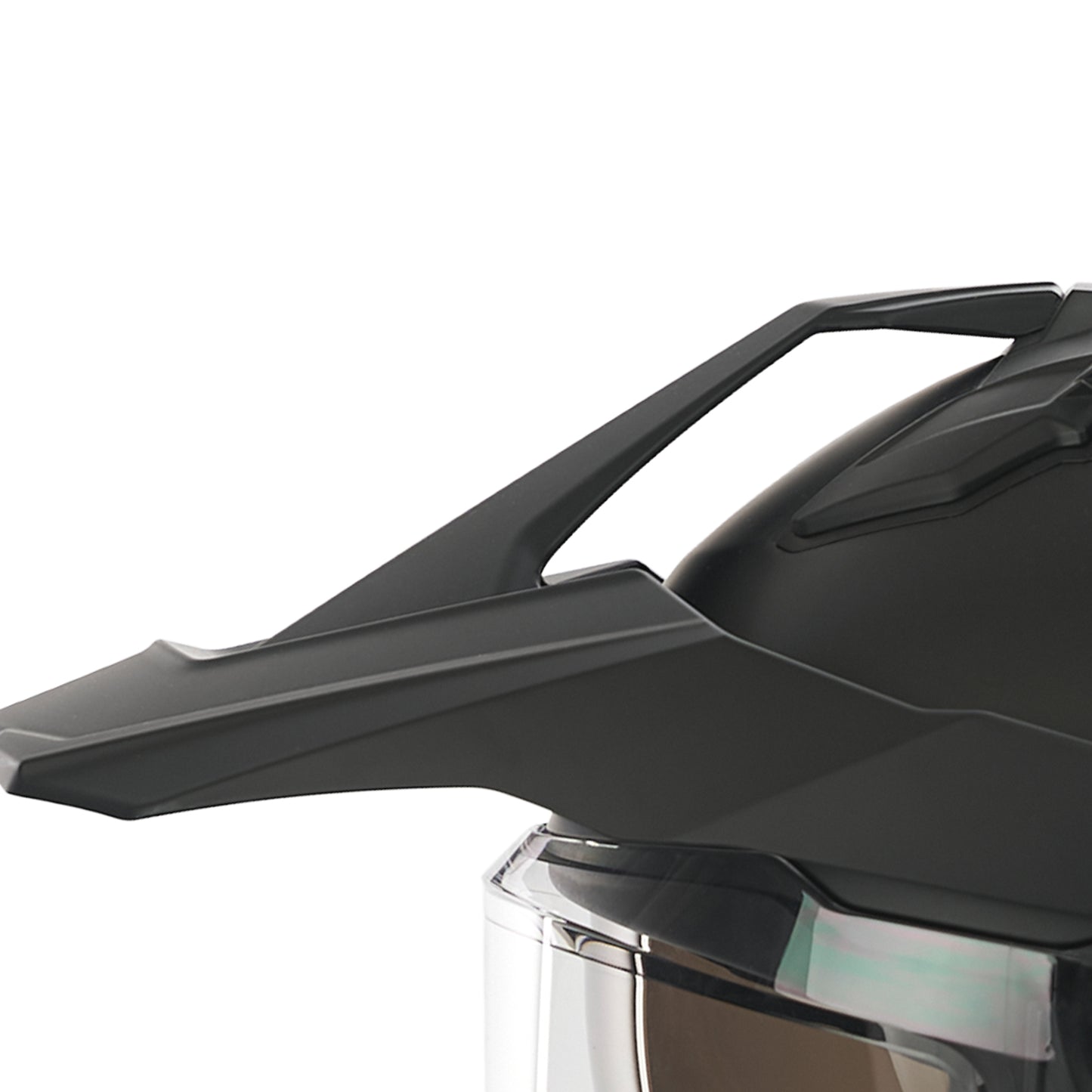 close up of peak windshield on black helmet