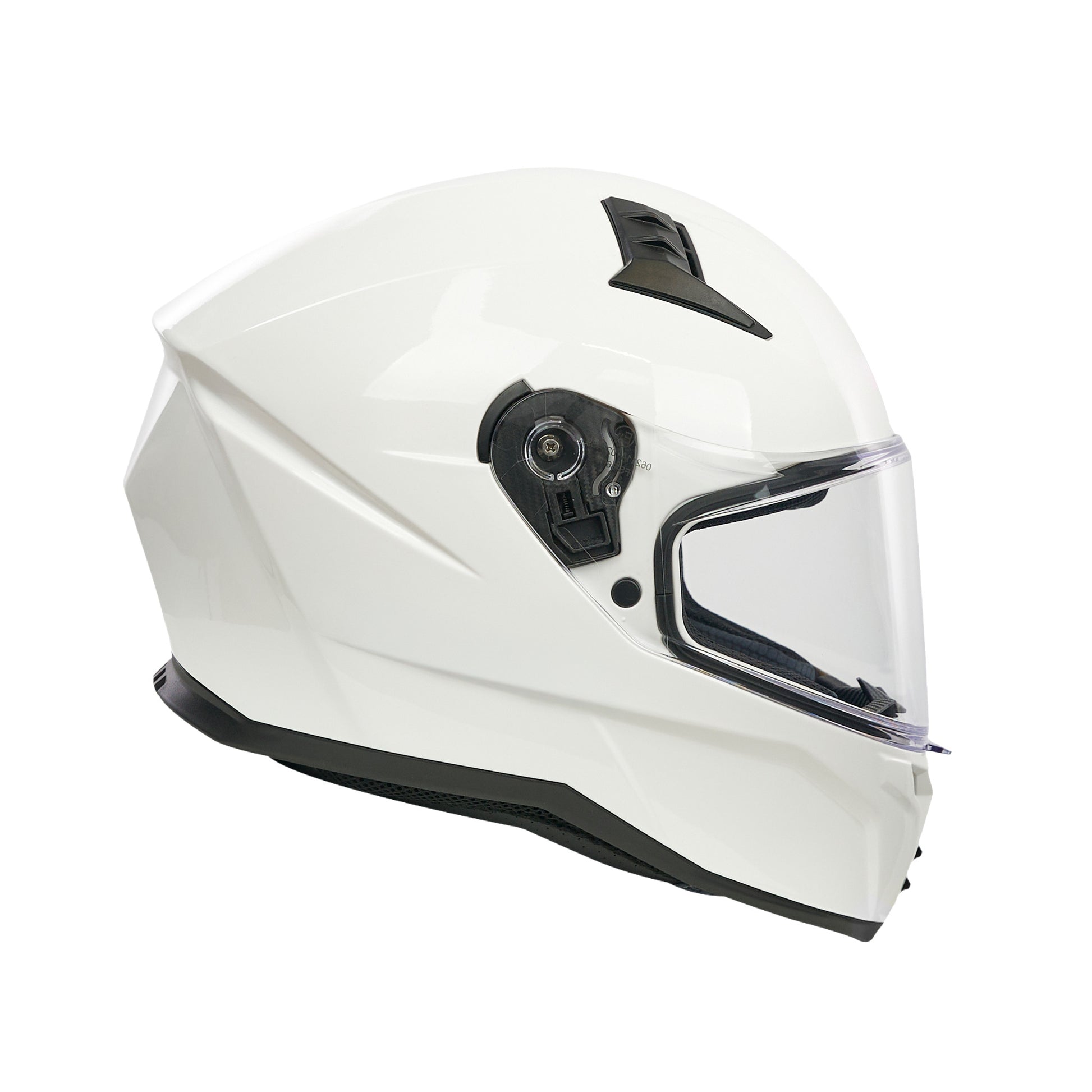 White motorcycle helmet with clear visor on a white background