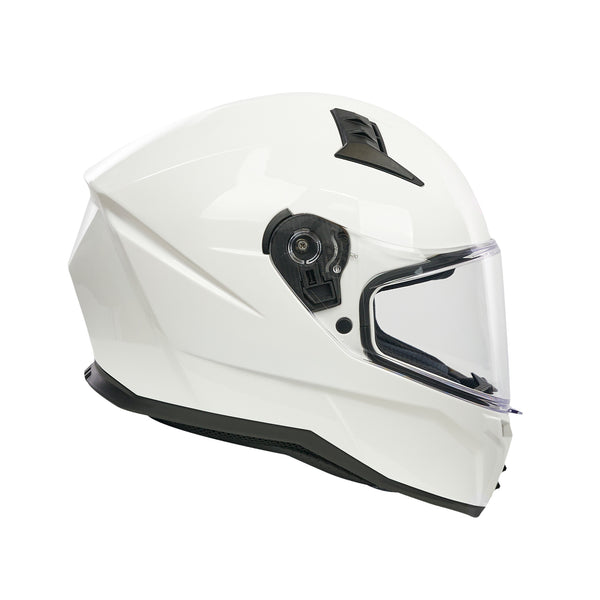 White motorcycle helmet with clear visor on a white background