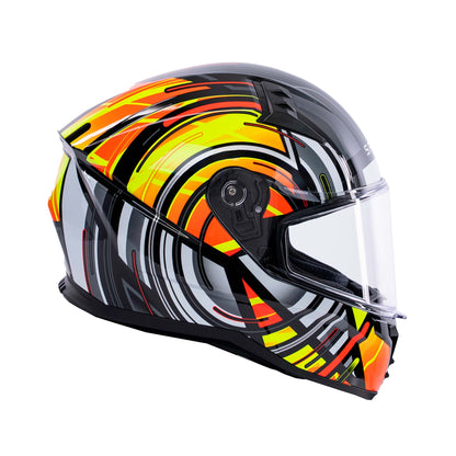 side of yellow and black motorbike helmet with clear visor