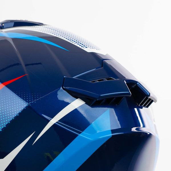 Close-up of a blue motorcycle helmet with a white background