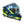 Blue and green motorcycle helmet with clear visor on a white background
