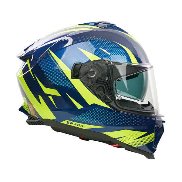 Blue and green motorcycle helmet with clear visor on a white background