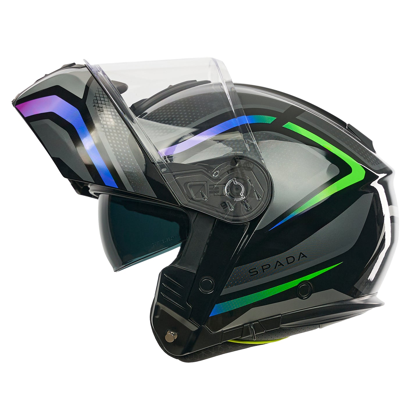 black green purple and blue motorbike helmet flipped up with clear visor