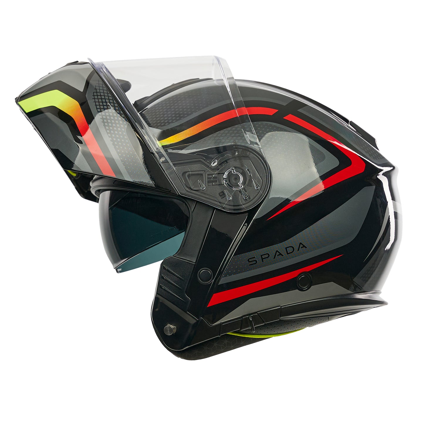 black red and yellow motorbike helmet flipped up with clear visor