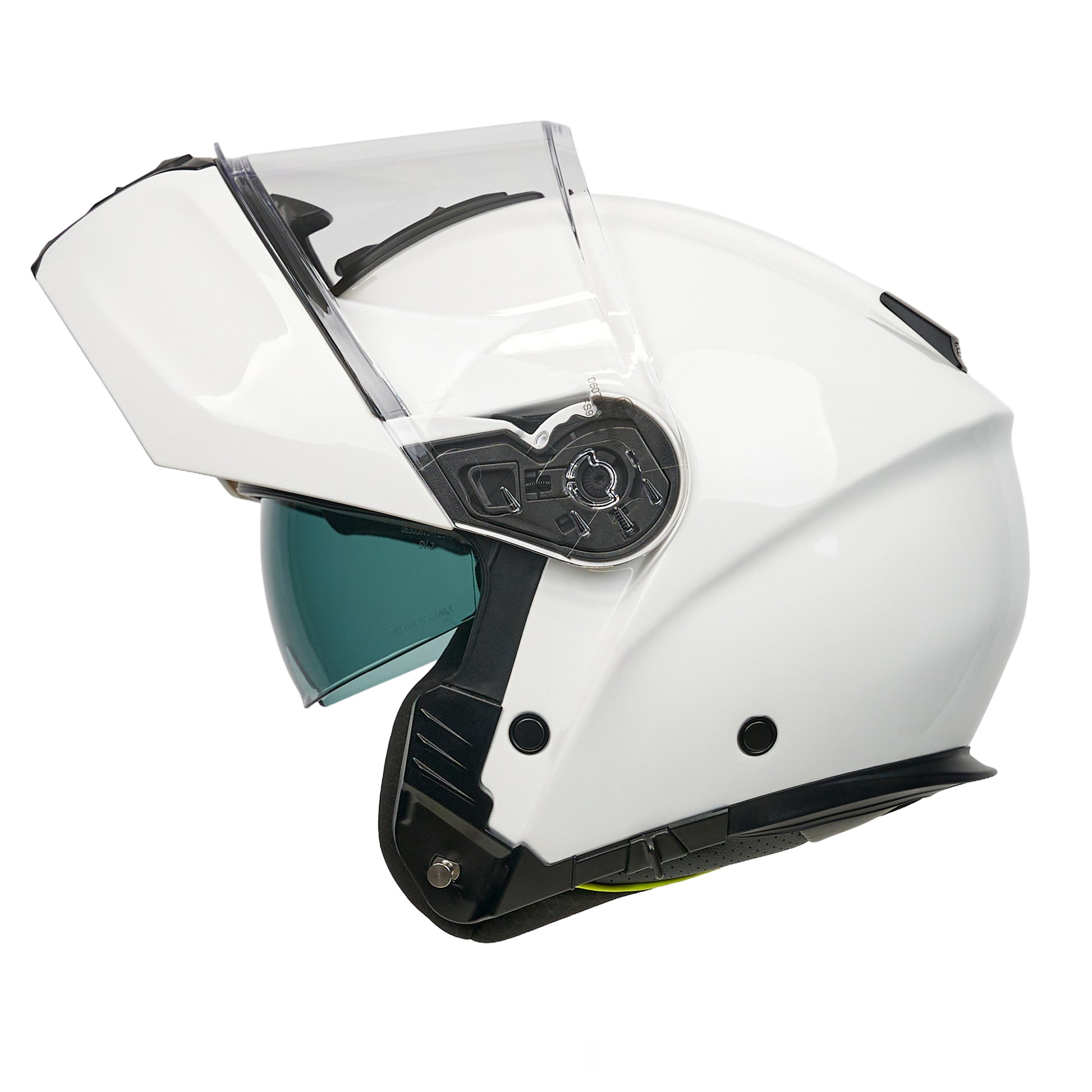 white flipped up motorbike helmet with clear visor