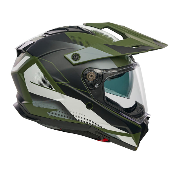 black and green motorbike helmet with clear visor and integrated sun visor