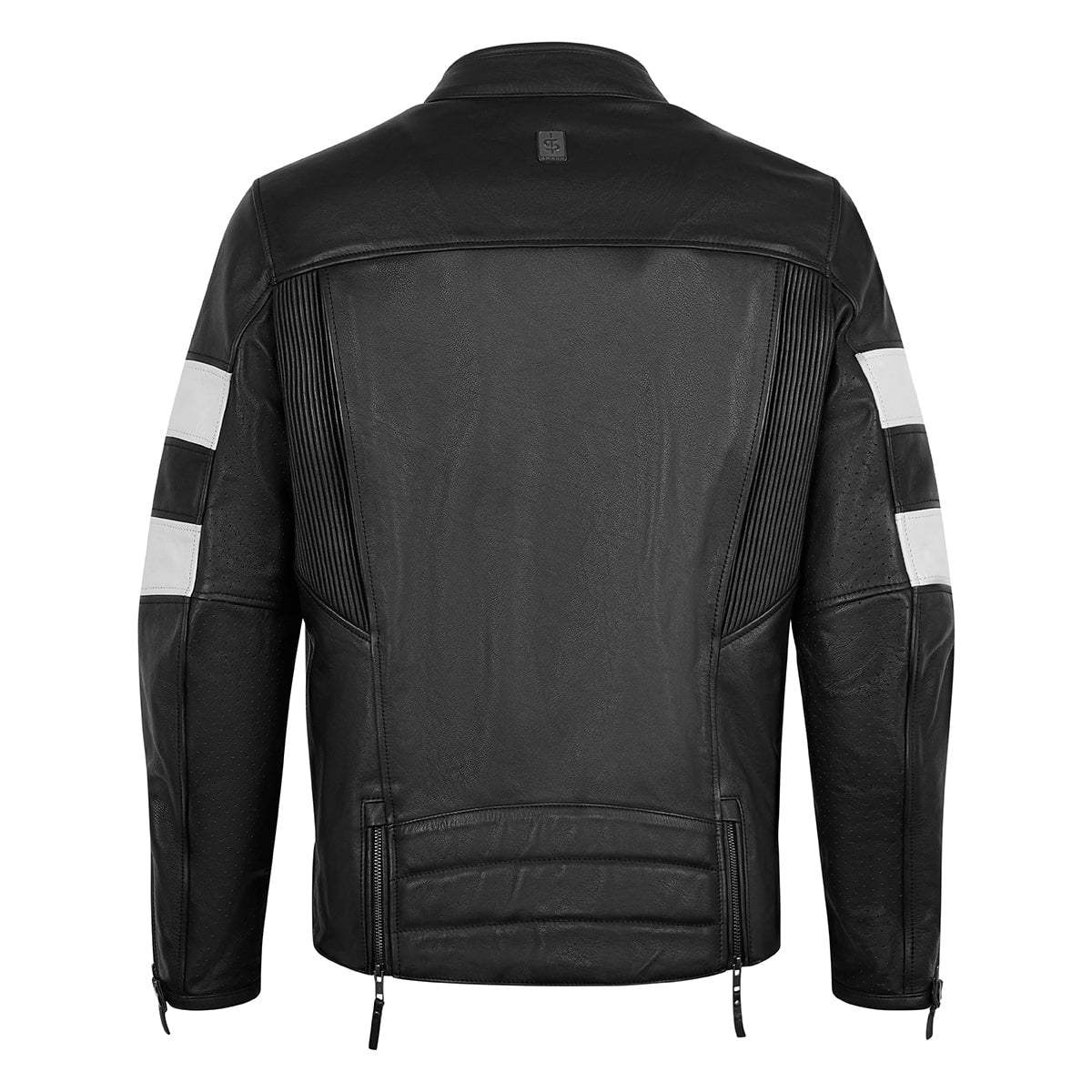 back of black and white mens leather motorcycle jacket